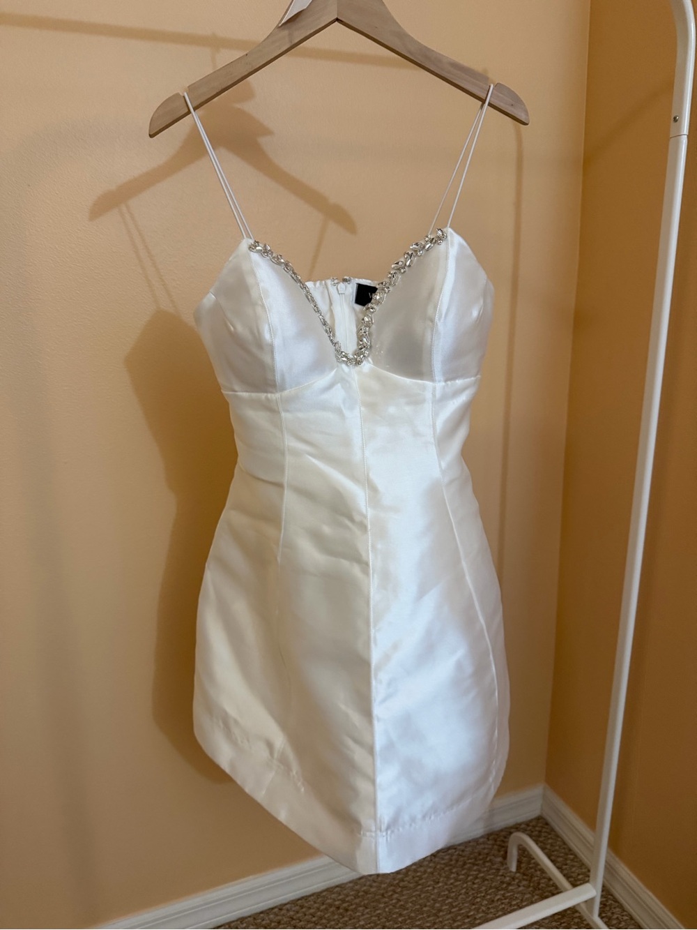 Vici White Satin Spaghetti Strap Mini Dress with Beaded Neckline